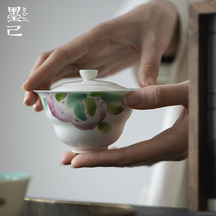 墨己手绘蟠桃玉泥盖碗功夫茶具釉下彩内釉松石绿文人器家用泡茶碗