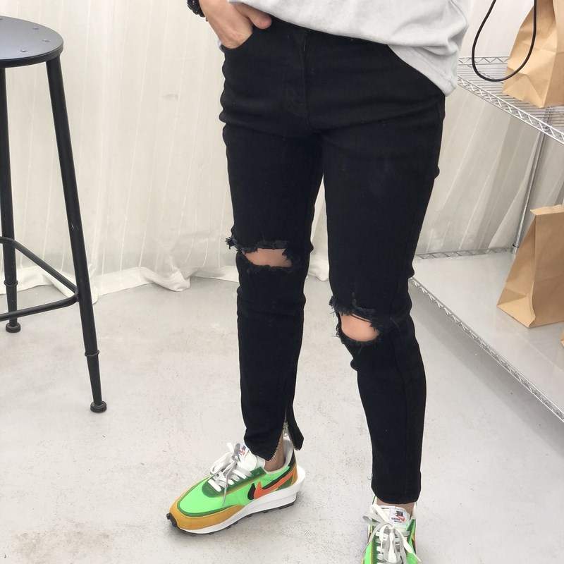 卷毛男装2020春夏季新款裤子男黑色拉链破洞牛仔九分裤修身小脚裤