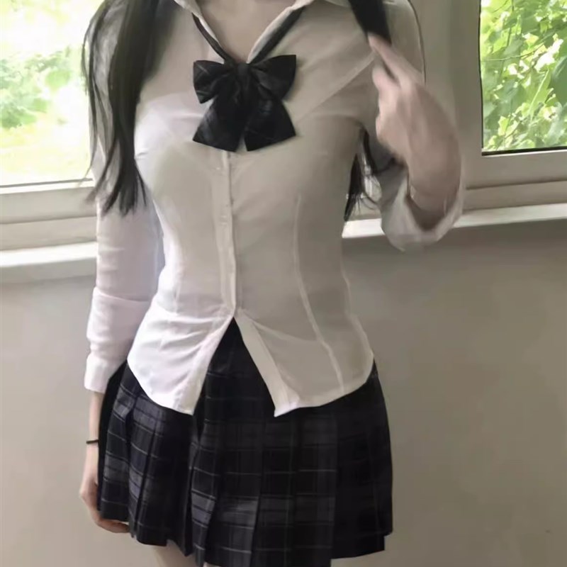 jk制服套装纯欲基础款收腰长袖衬衣学院风上衣辣妹风衣白色女衬衫