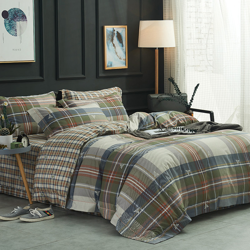 全棉加厚简约磨毛80支四件套被套床单出口欧美格子保暖床上用品