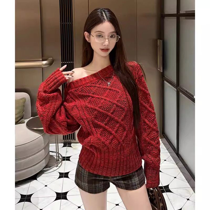 费尔岛复古韩系红色菱格纹毛衣女秋冬新款宽松慵懒风针织显瘦上衣,女装/女士精品,毛衣,淘宝优惠券,粉丝福利购,淘宝优惠卷