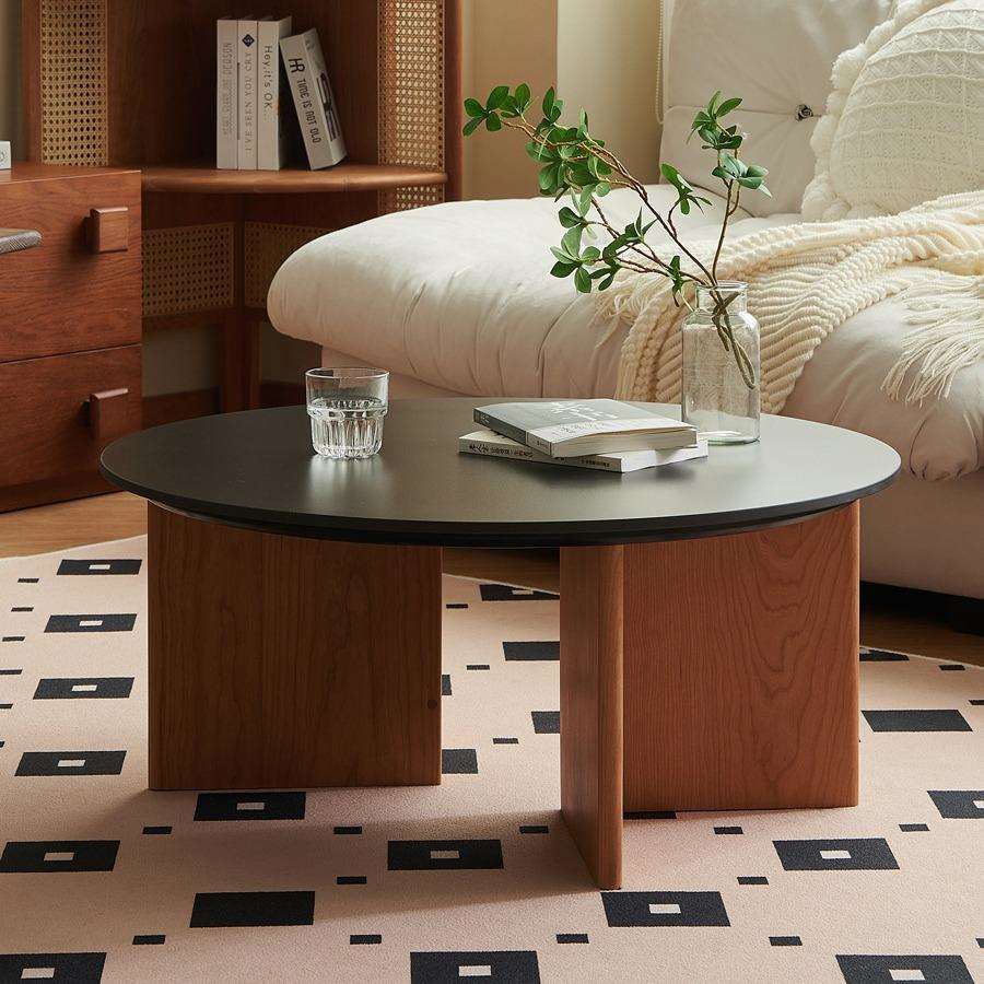 严选复古岩板茶几简约现代创意设计师矮桌小户型实木客厅家用圆形