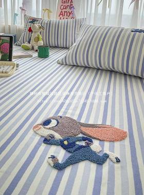 老粗布全CBO棉绣三件套儿床罩加笠厚床垫罩保护毛巾纯棉童床单件1