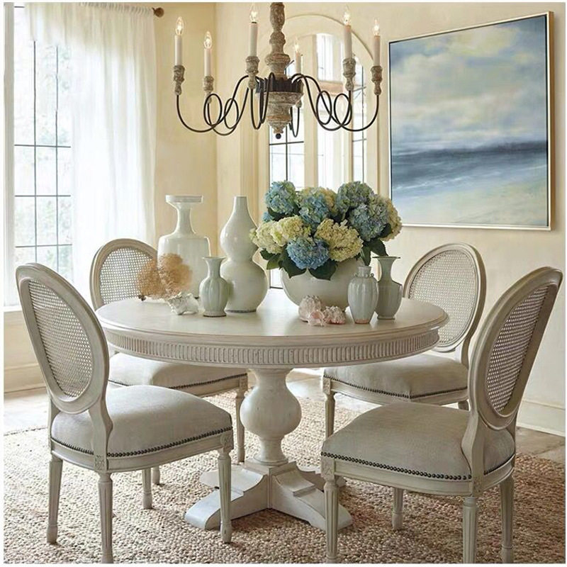 美式乡村实木圆餐桌椅组合法式白色复古别墅家具圆形餐桌家具制作