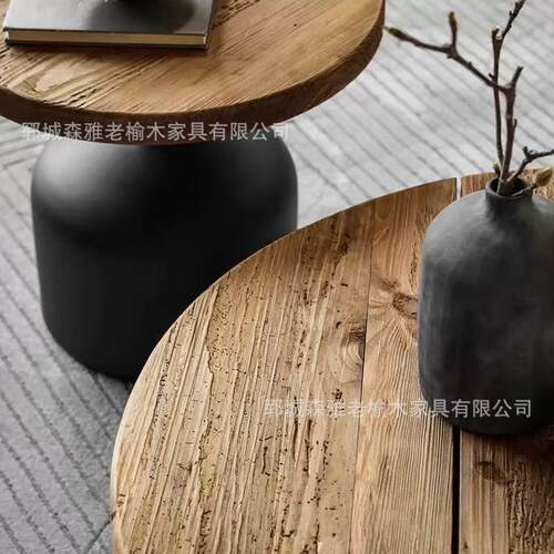 型复古圆形实沙发茶几诧寂风木duiy6-边几桌小户老榆木民饰宿装茶