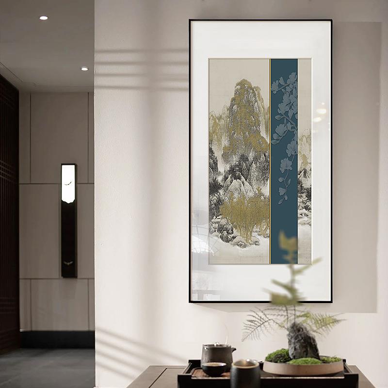 版中式线描古建筑玄关OFK装饰画廊走过道新挂画酒店竖壁画厂家