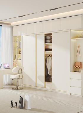 0欧实松板暖白色推拉门衣柜书桌一体组662合奶油风卧室家用木大E