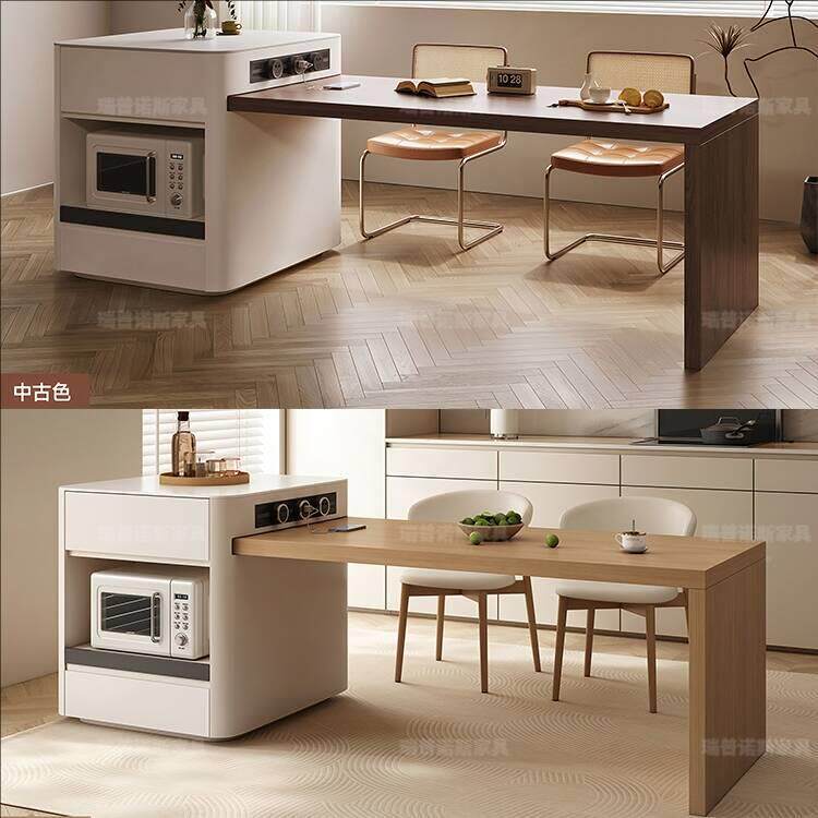 新款台桌一体YXO可伸缩餐原木台风岛家用小户型微波炉烤箱吧台倒