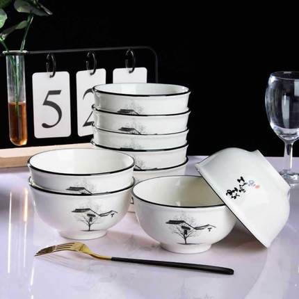 用碗陶瓷碗家庭吃家饭碗小个装创意图寸案印花米饭碗十个DXD套装