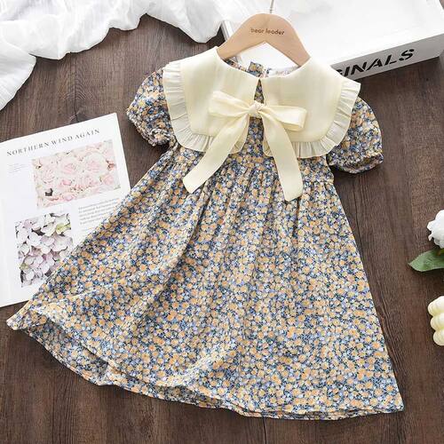 Casual Summer Kids Girls Dress Floral Kids Clothes Bow Patch