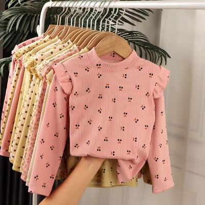 Kids Long Sleeved Undershirt Girls Cute Floral Dots T-shirt