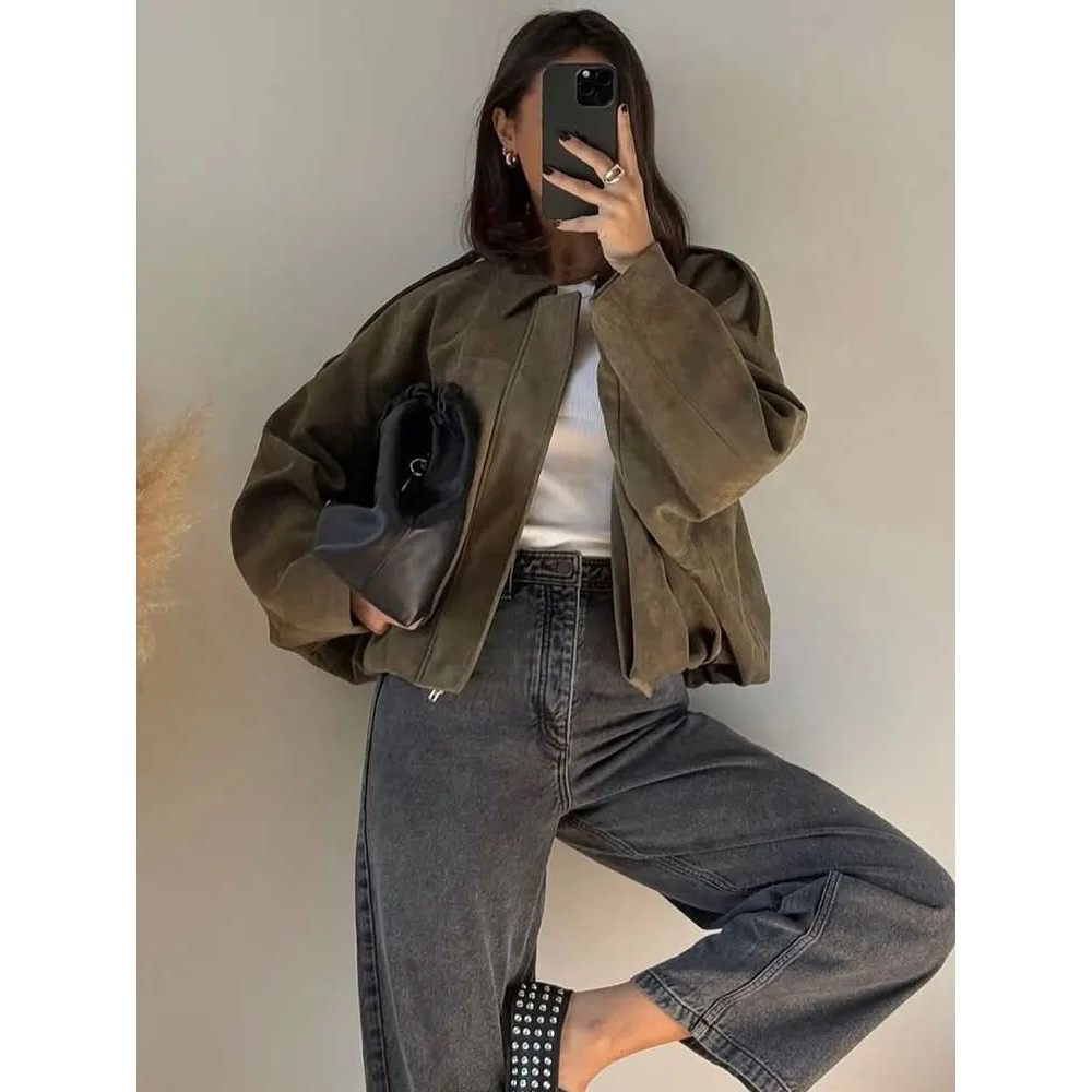 Women Brown Green Suede Jacket Loose Casual Bomber Coat图片