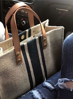 Simple Canvas Stripe Decor Bucket Handbags Women Top Handle