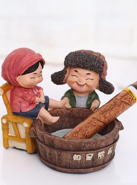 新款直销知足常乐烟灰缸创意个性老头老太情人节父亲节礼品手工树