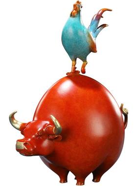 新款直销铜牛摆件纪念品客厅书房牛鸡迎禄工艺品开业乔迁新居礼品