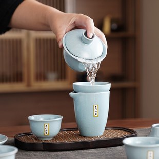汝窑茶具套装 陶瓷功夫泡茶壶企业年会礼 整套家用高q档礼盒装 中式