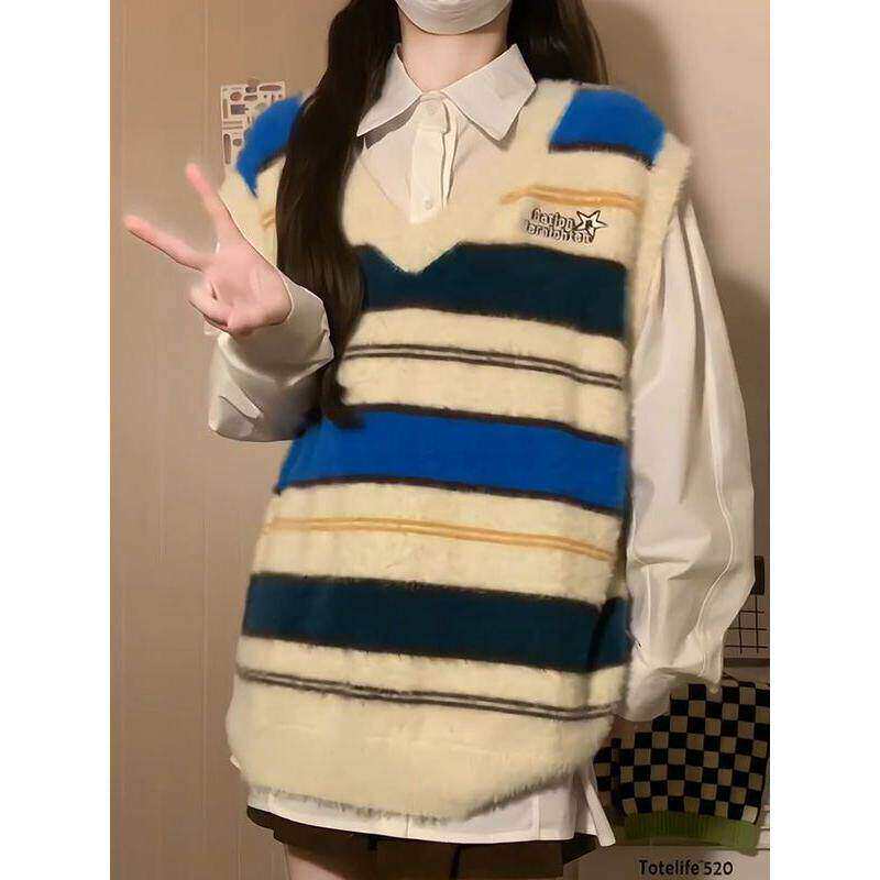 早秋毛衣穿搭一整套女学生日系拼色v领条纹针织马甲背心白色衬衫