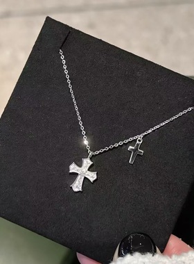 S925纯银十字架项链女时尚复古风满钻锁骨链潮酷辣妹配饰