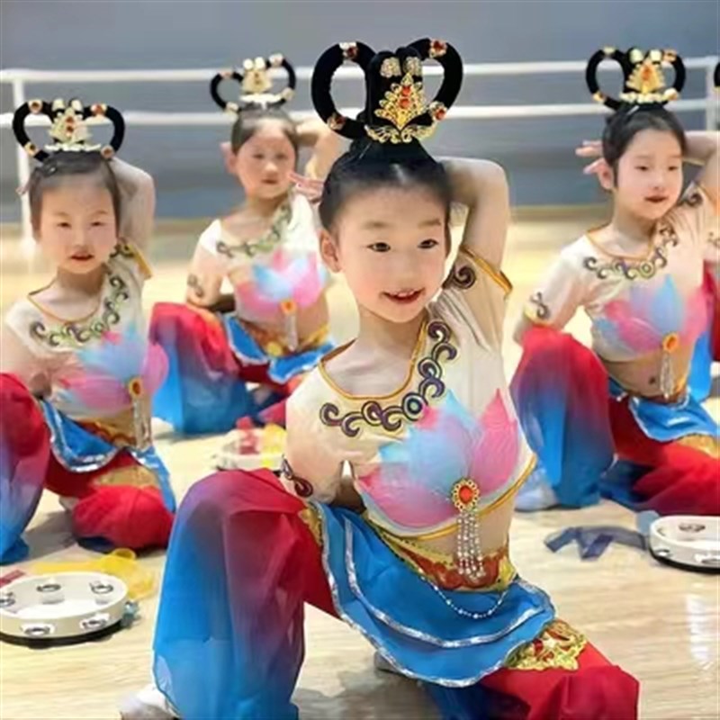 飞天乐鼓演出服敦煌舞蹈服儿童古典舞服装妙音反弹琵琶道具铃鼓女