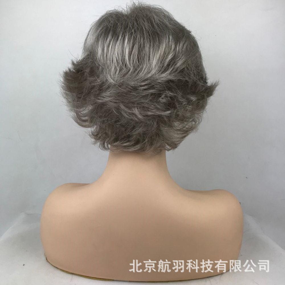 新款直销中老年女斜刘海微卷短发全发套温材质欧美外贸假发女