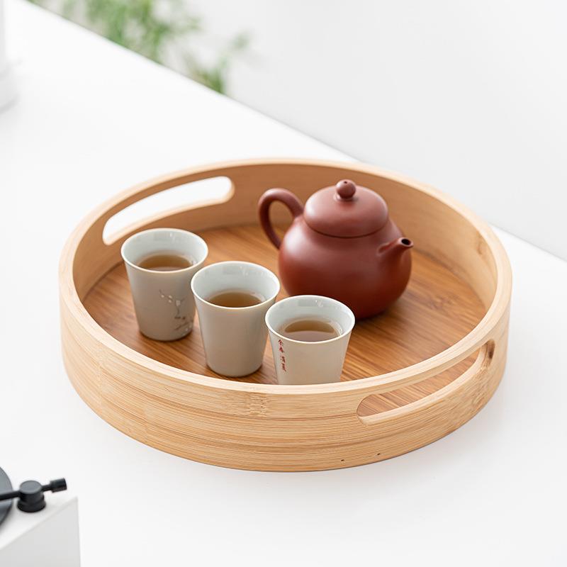 新款直销竹制圆形托盘日式茶盘简约家用带提手竹木饺子盘酒店端菜