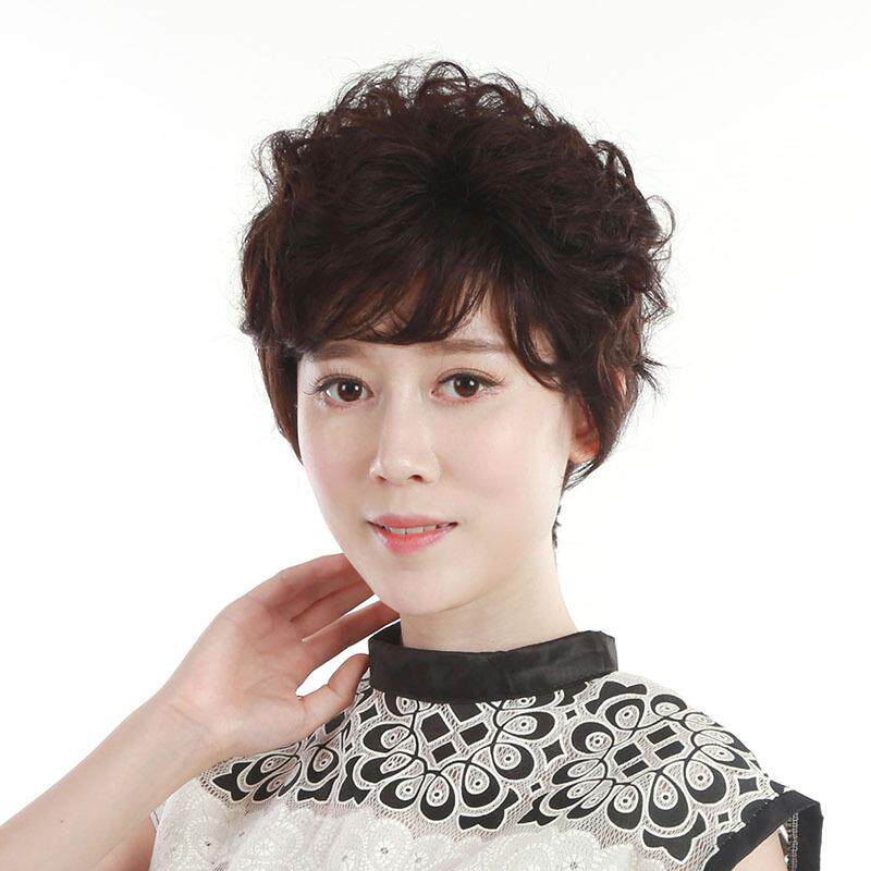 新款直销假发套整顶假发女士短卷发斜刘海中老年真发短发假发头套