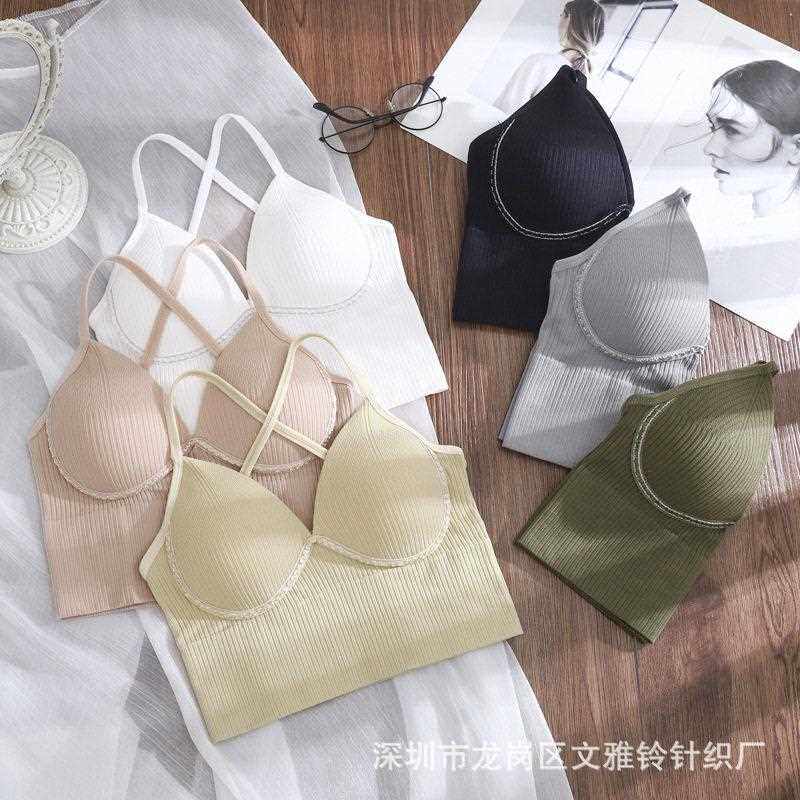 新款直销一体式杯交叉吊带美背裹胸抹胸V领固定胸垫无钢圈外穿内