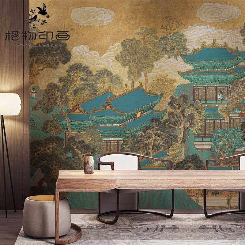 直销新款现代中式古典山水阁楼电视沙发背景墙纸壁布客厅茶室墙布