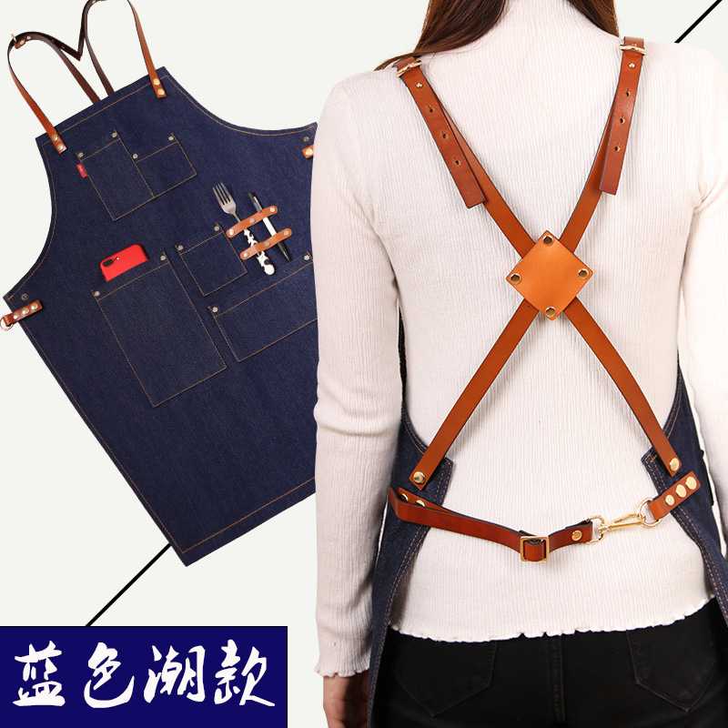 新款直销牛仔围裙厨房做饭咖啡店奶茶美发美甲画画男女工作服儿童
