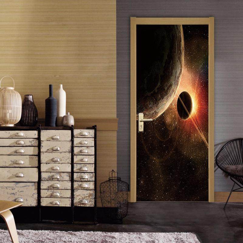 新款直销环绕日出宇宙背景星球门贴卧室客厅装饰画防水自粘可移除