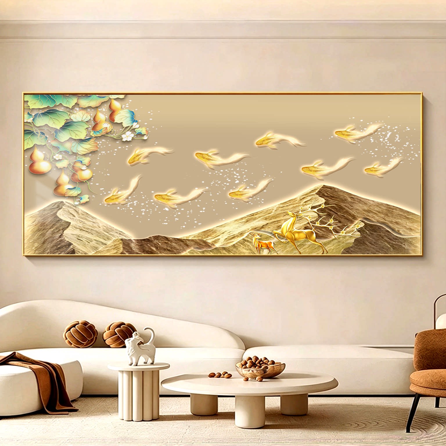 九鱼聚财客厅沙发背景装饰画日照金山挂画五福临门靠山图东升壁画