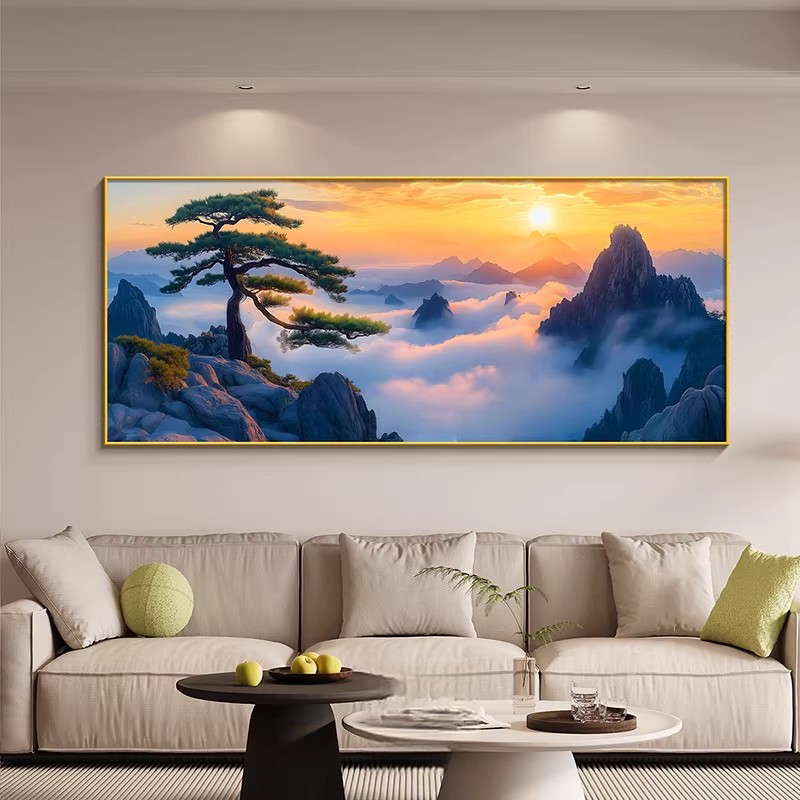 新中式迎客松客厅装饰画旭日东升茶室办公室挂画酒店民宿大堂壁画