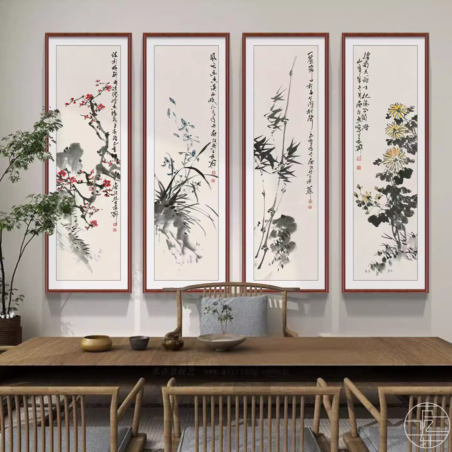 新中式梅兰竹菊四联装饰画有框茶室客厅挂画沙发背景墙中堂壁画