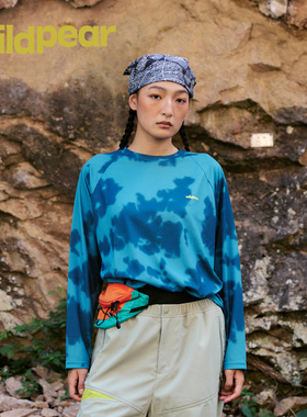 Wild Pear/野梨2025新款徒步细格纹吸湿速干蓝色圆领长袖T恤男女