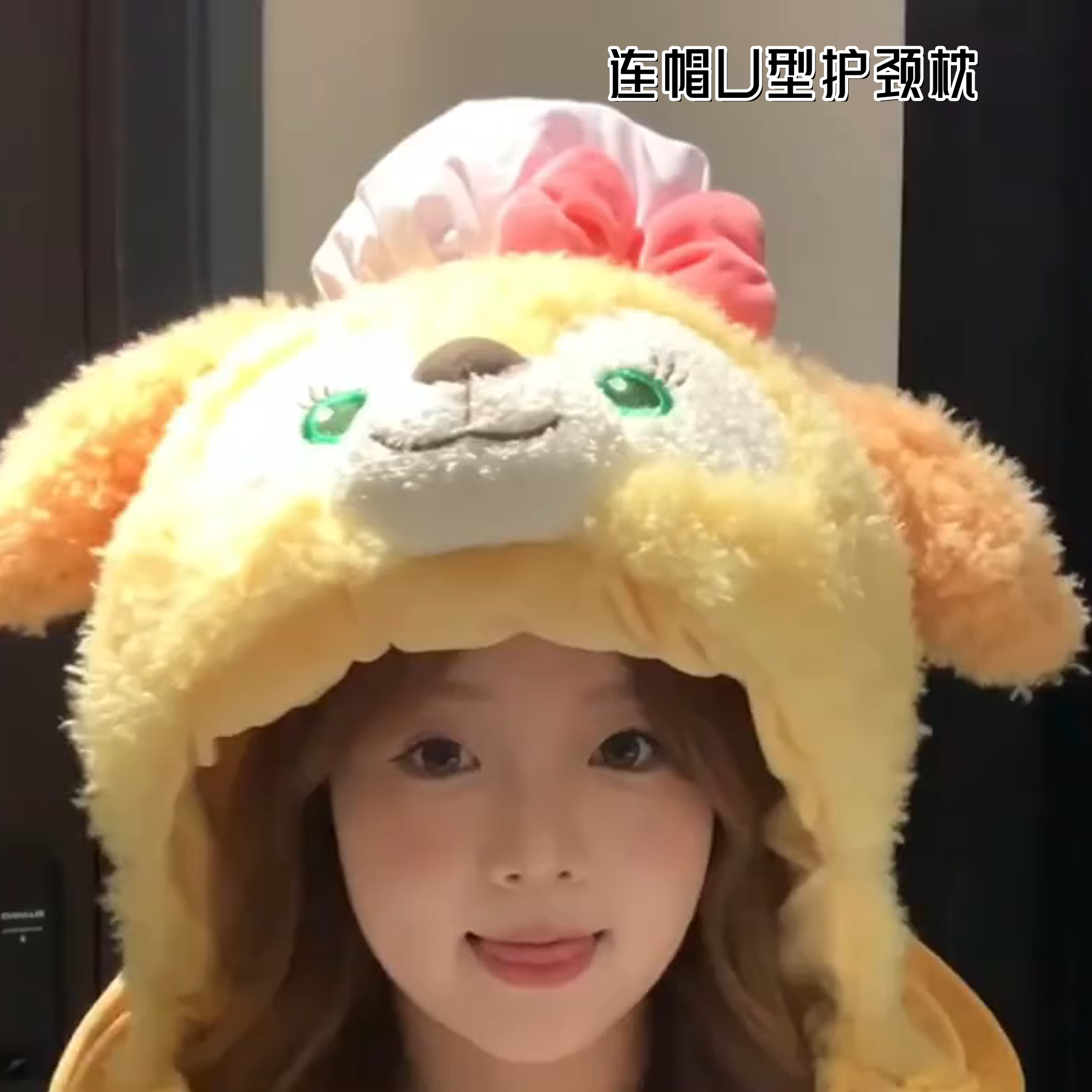 可爱毛绒连帽U型护颈旅行枕