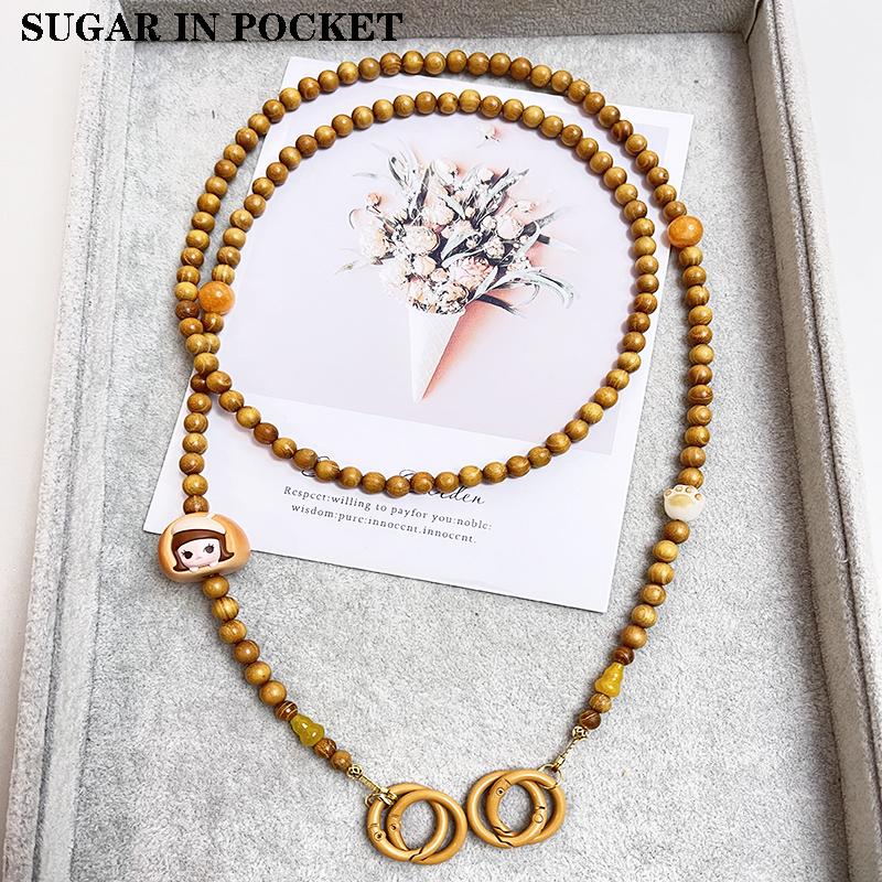 原创檀木长款斜跨手机链