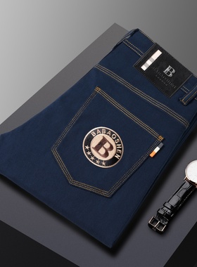 巴宝绅秋季新款男士弹力修身小脚绣花轻奢男装休闲长裤蓝色