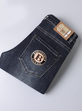 巴宝绅秋冬新款男士弹力修身小脚印花轻奢男装休闲长裤深蓝色