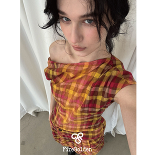 FireGolden炉2025斜肩扭结水洗全棉格纹连衣裙