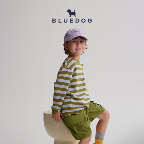 BLUEDOG蓝狗韩国25秋冬童装条纹小狗图案长袖T恤男女童内搭上衣