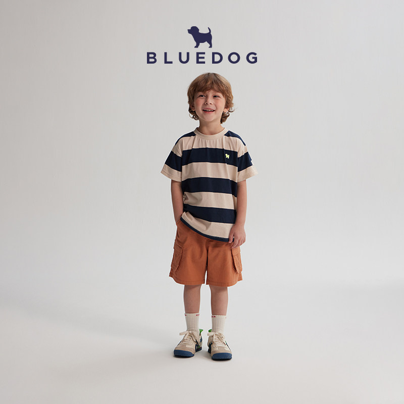 BLUEDOG蓝狗夏季男女童宽松基础条纹圆领长短袖T恤百搭宽松上衣
