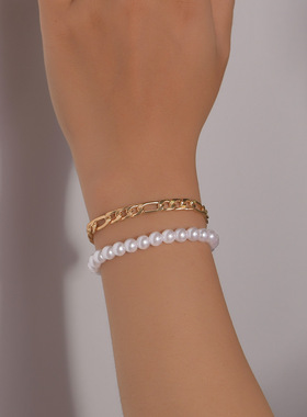 时尚优雅风合金手链珍珠弹力手链2件套适合女士女生通勤度假