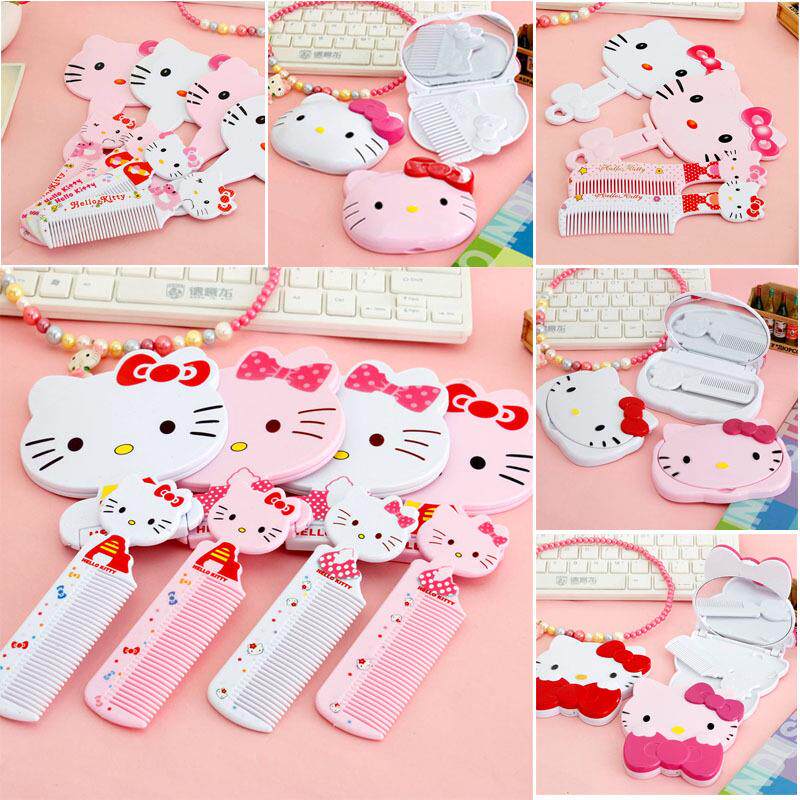 热粉色少女心猫脸可折叠镜子卡通可爱蝴蝶结便携化妆镜小梳子促销