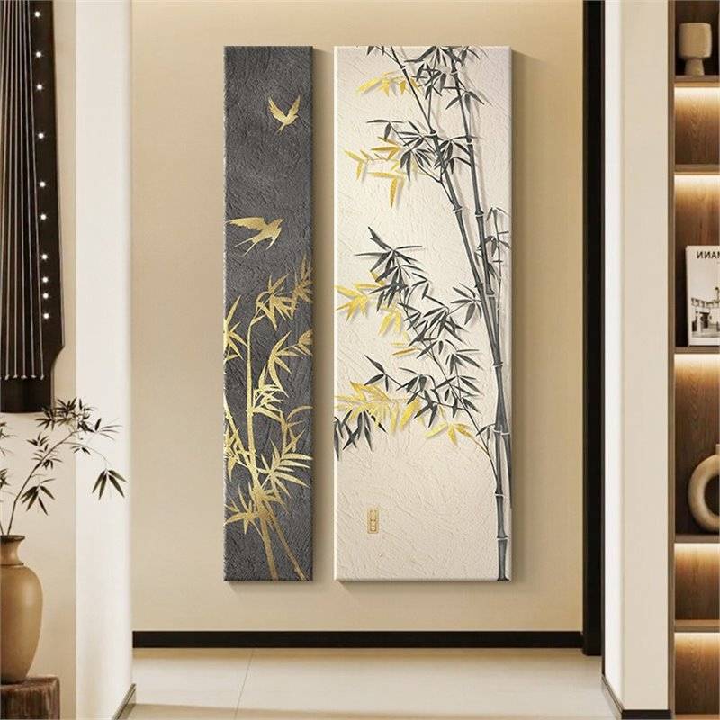 日式原木风入户玄关装饰画走廊过道竹子挂画禅意感无框肌理画图片