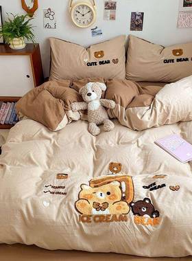 A类母婴级XUS超柔加厚毛巾绣卡通四被套床单学件套笠生宿舍三件套