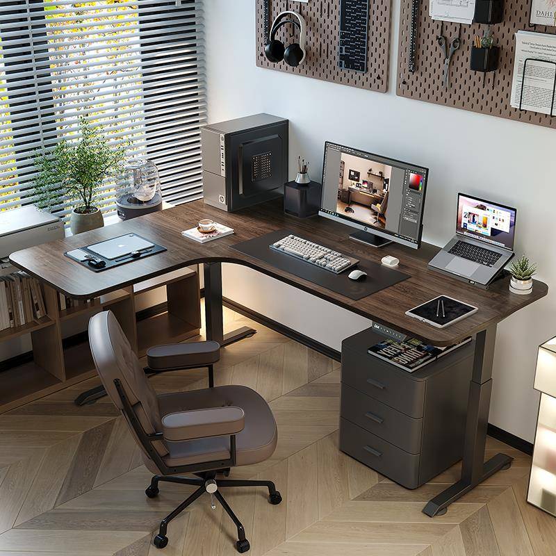 1书家站用L型电脑桌房胡桃转角实I木电动升降书桌简约立拐无品牌/