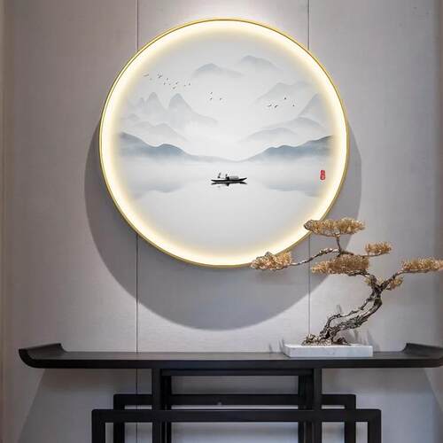 6RS圆形挂中式玄关装饰画NlF76TH9MTed发光酒店景画风软装入户茶