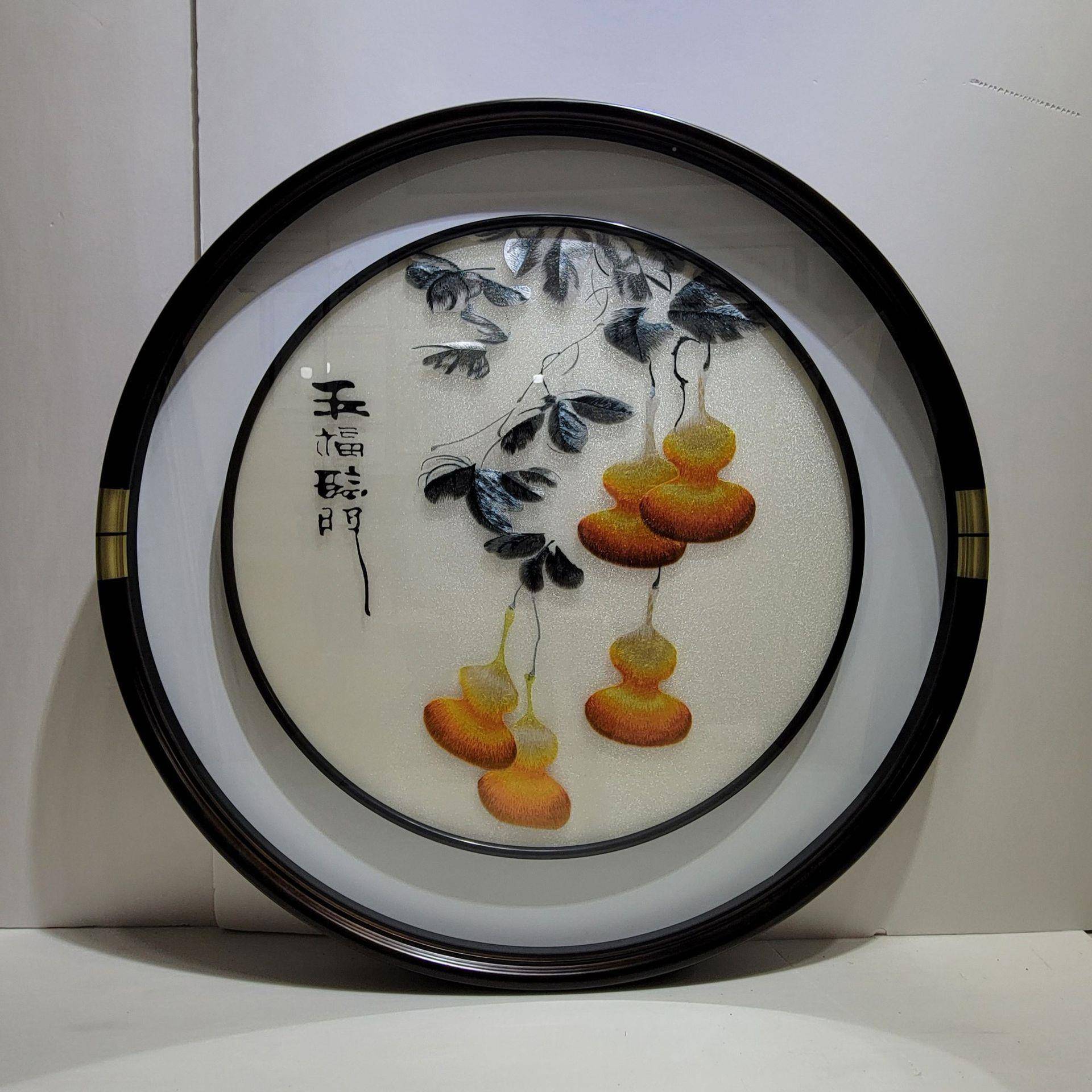 圆形绣刺绣无品牌/画框中门框透纱丝布屋客厅挂画苏绣全配画五福