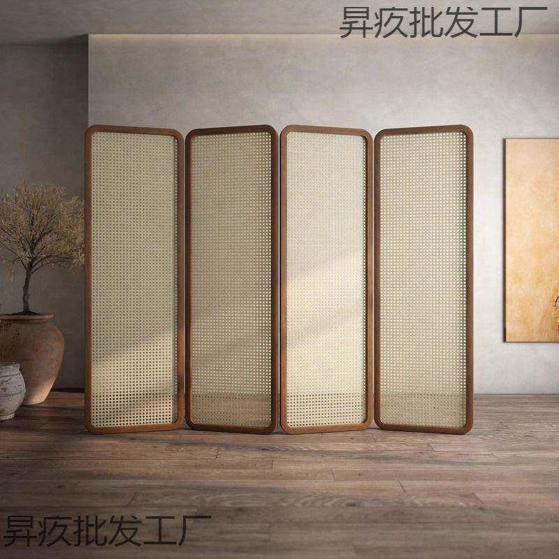 新中式藤屏风隔断客进门遮挡办厅RHR室入户折叠公移动实木编折屏