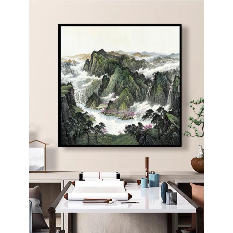 正方形挂画靠山字画小幅卫生间装饰画玄关新中式旺财山水风景壁画图片
